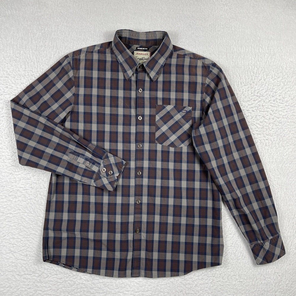 Oakley‎ Shirt Mens Large Brown Blue Plaid Forged Goods Workwear Casual Travel